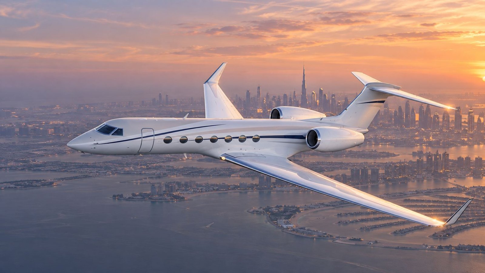 Business jet flying over the Dubai skyline at sunset