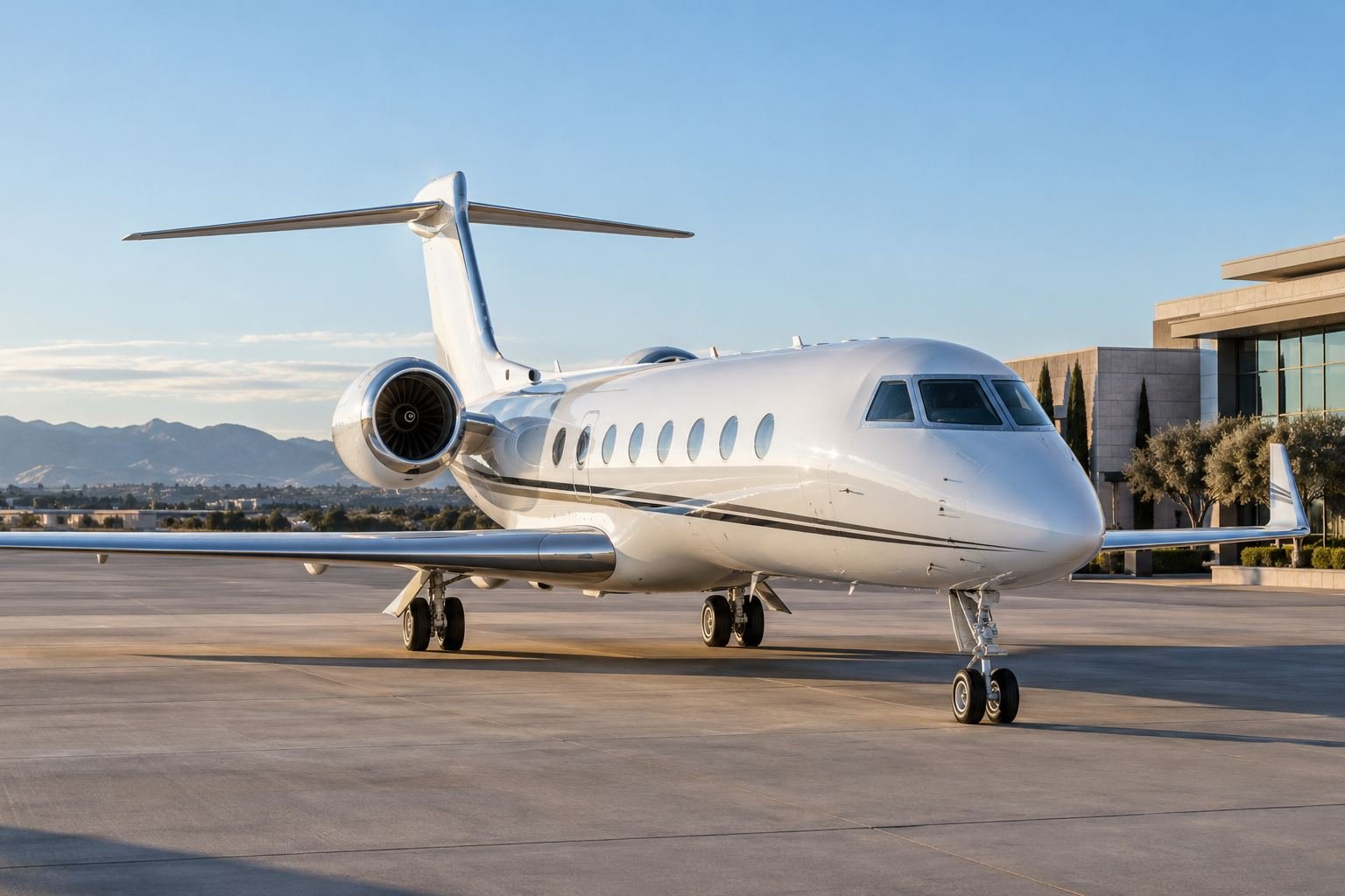 Long-range business jet parked outside a private terminal