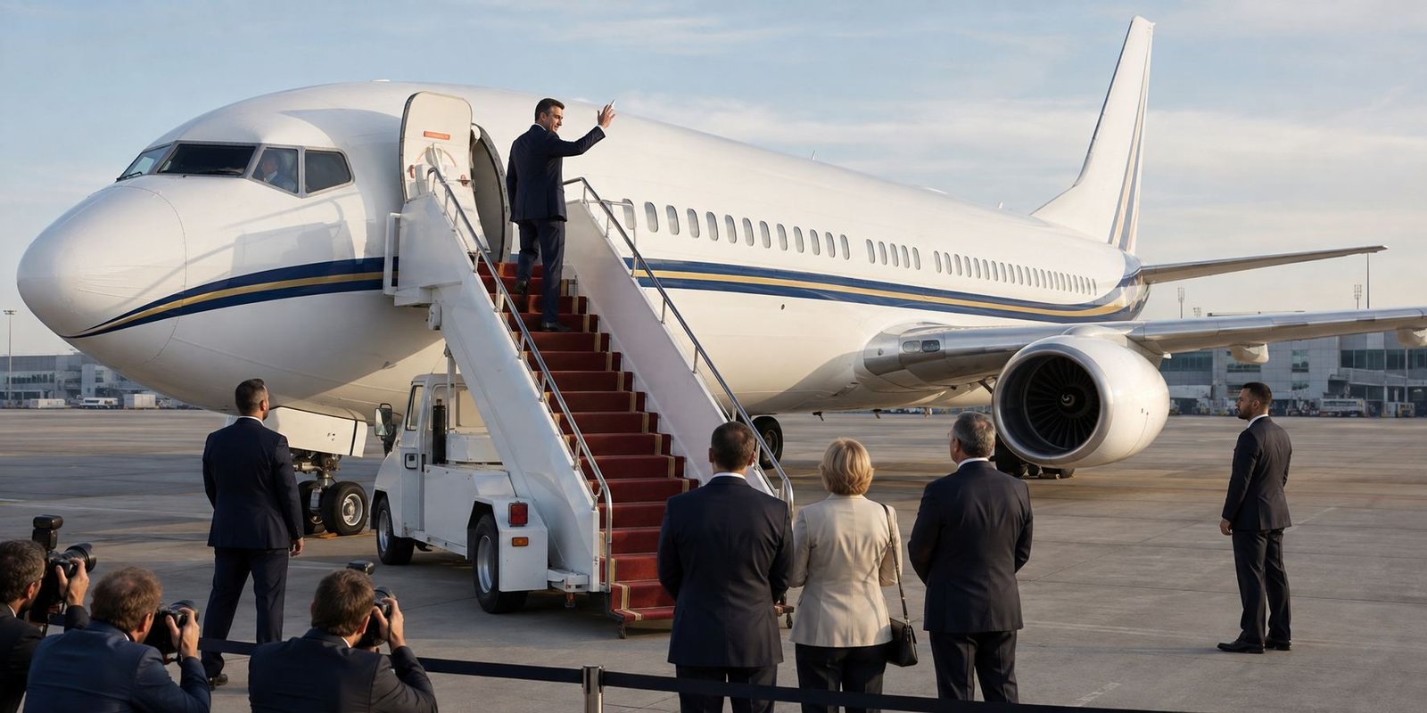 VIP passenger waving from the airstair of a business airliner